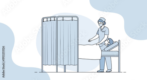Nurse Caring for Patient in Hospital Bed with Privacy Curtain