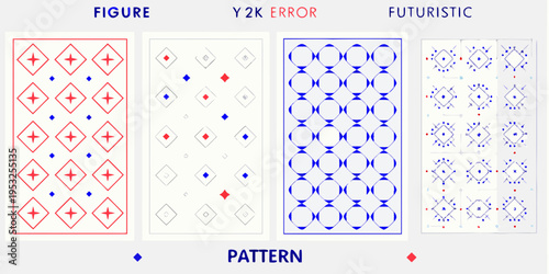 Four vertically oriented panels displaying abstract geometric patterns with blue and red