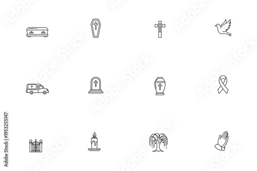 Funeral and mourning line icon set, cemetery and memorial symbols for burial ritual and grief