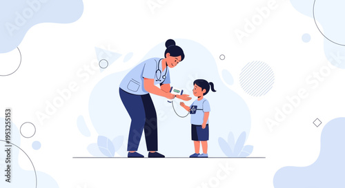 Pediatrician checking child's blood pressure with stethoscope and cuff, healthcare concept