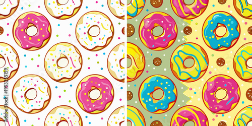 Colorful donut pattern with various icing and sprinkle designs
