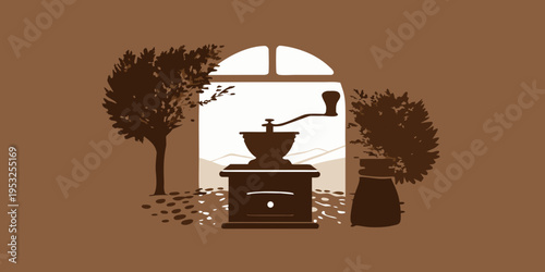 A vintage coffee grinder sits on a windowsill overlooking a tree