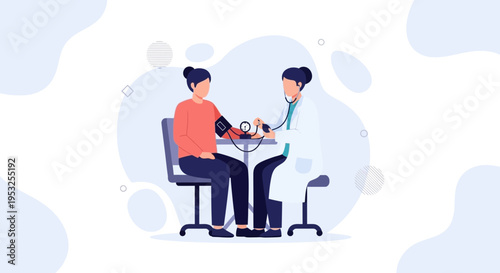 Doctor checking patient's blood pressure with sphygmomanometer, medical checkup illustration