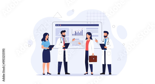 Medical Team Discussing Health Data and Charts on a Digital Screen