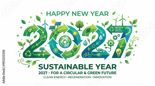 Happy New Year 2027 Sustainable Year Graphic Featuring Circular Economy Symbols, Clean Energy Icons, Solar Panels, Wind Turbines, and Green Future Concept Art.