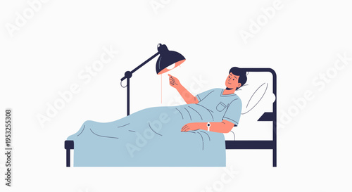 Patient in hospital bed adjusts bedside lamp for reading or comfort