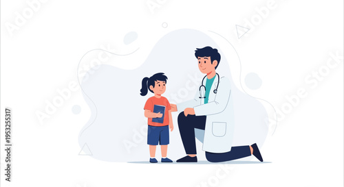 Doctor comforting child patient with stethoscope, healthcare concept illustration