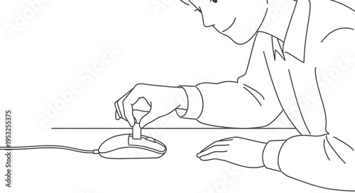 Office employee placing tape under optical computer mouse line art vector illustration