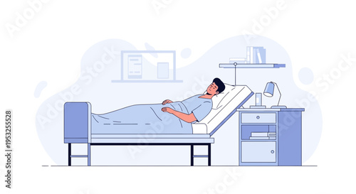 Man resting in hospital bed, medical care, recovery, patient room illustration