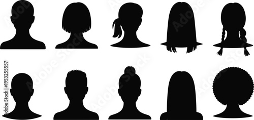 Ten black silhouettes of diverse hairstyles and head shapes on a white background vector illustration