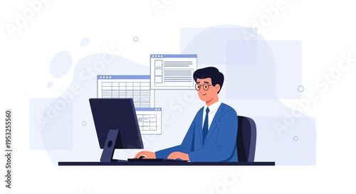 Man in Blue Suit Working on Computer with Abstract Background