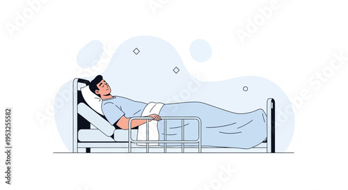 Man sleeping in hospital bed, medical care, recovery, illustration