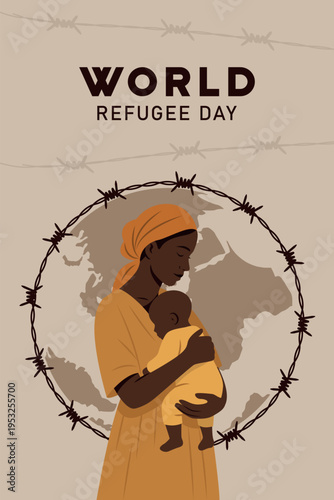 World Refugee Day Poster, Mother Embracing Child With Barbed Wire Globe Symbolizing Refugee Crisis Illustration
