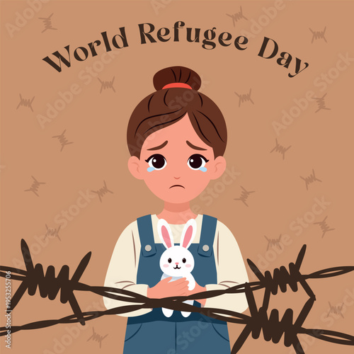 World Refugee Day Sad Child With Stuffed Bunny Behind Barbed Wire Symbolizing Displacement And Hope