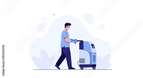 Cleaner pushing a floor scrubbing machine, modern cleaning equipment, professional service