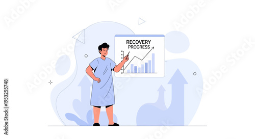 Man in hospital gown presenting recovery progress chart with upward trend