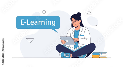 Woman learning online with tablet and books, E-Learning concept