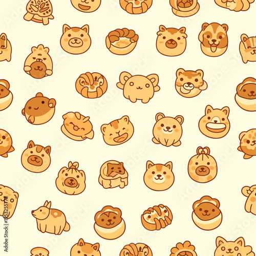 Digital illustration of various cartoon bear faces and pastries on a pale yellow background in a repeating pattern.