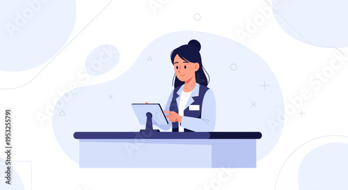 Woman cashier using tablet at counter, modern flat illustration, business concept