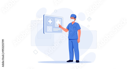 Doctor in blue scrubs and mask interacting with futuristic medical interface