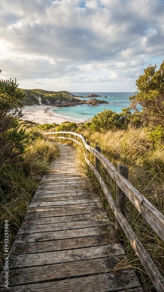 Fototapeta premium Scenic wooden pathway leading to sandy beach with ocean view 