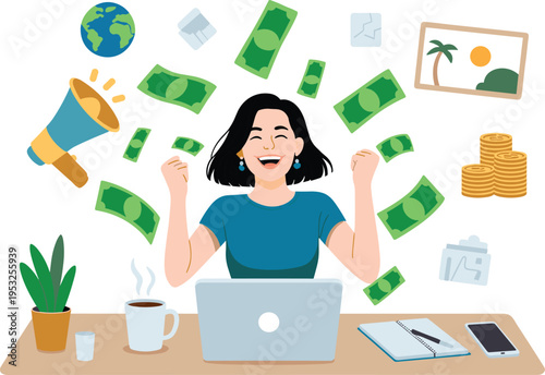 Happy business woman earning money online financial success freelance income remote work digital marketing profit growth illustration concept