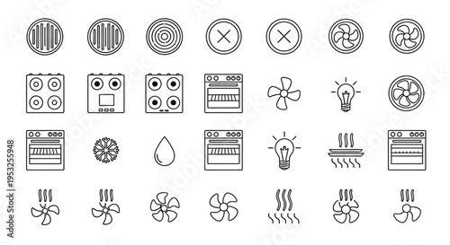 kitchen appliance icons depicting cooking heating and cooling functions perfect for modern kitchen control interfaces and user manuals.