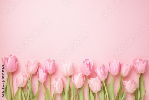 beautiful pink tulip flowers on a pastel background, a flat lay top view with...