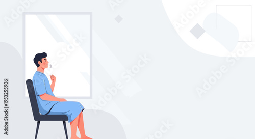 Patient in hospital gown waiting, looking out window, medical concept