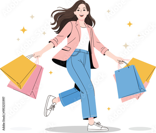 Happy young woman shopping carrying colorful bags retail therapy fashion sale discount consumer lifestyle illustration modern style concept
