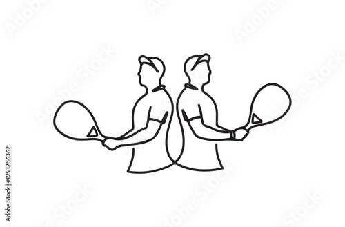 Padel Players Concept Continuous Line Art Illustration of Two Male Athletes Back to Back with Rackets, Highlighting Teamwork and Sport