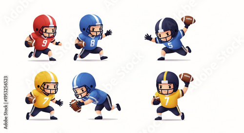 Collection of Cute Kids Playing American Football Cartoon Characters