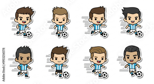 Set of Cartoon Soccer Player Characters Dribbling Football Stickers