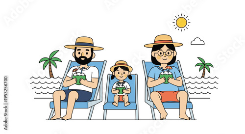 Family relaxing on beach chairs drinking coconut summer vacation illustration