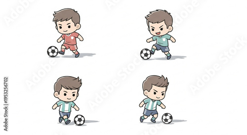 Cute Cartoon Boy Character Set Playing Soccer and Football Vector