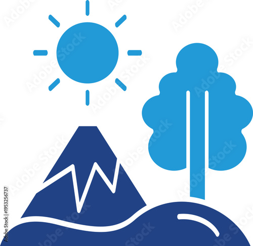 Natural scenery icons with mountains, trees and sun are suitable for ecological