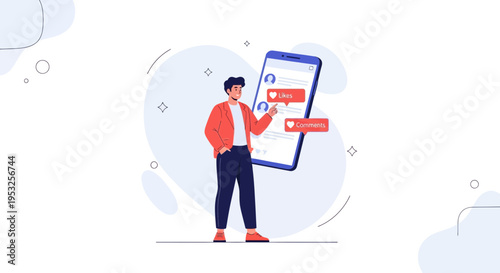 Man Interacting with Social Media App on Smartphone, Likes and Comments