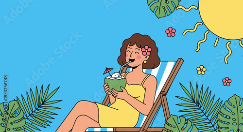 Woman sitting on chair drinking coconut tropical summer illustration