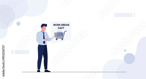 Businessman presenting shopping cart with work break concept