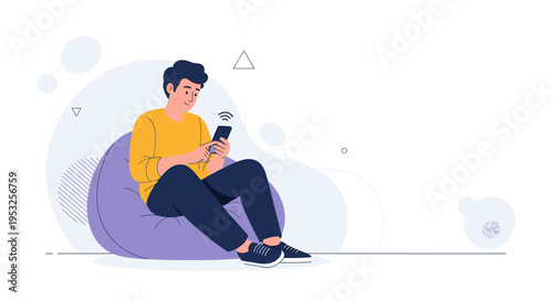 Young man sitting on bean bag chair using smartphone, wifi signal, modern illustration