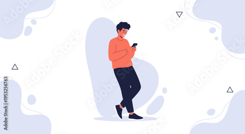 Young Man Using Smartphone, Leaning on Wall, Modern Flat Illustration