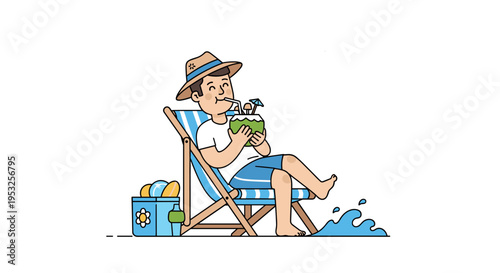 Man relaxing on beach chair drinking coconut in summer vacation