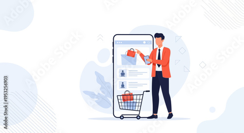 Man shopping online using a smartphone and a shopping cart, e-commerce concept