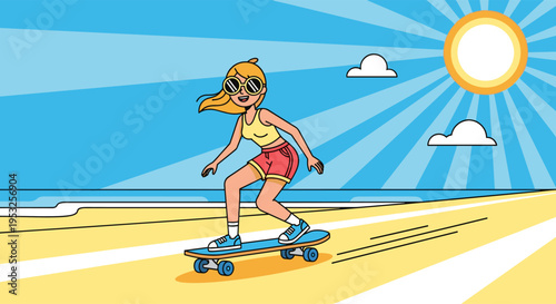 Girl riding skateboard on sunny beach road in summer