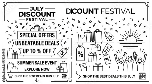 July Discount Festival Advertisement with Summer Sale Elements