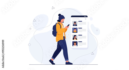 Woman using smartphone to browse profiles on a digital screen while walking