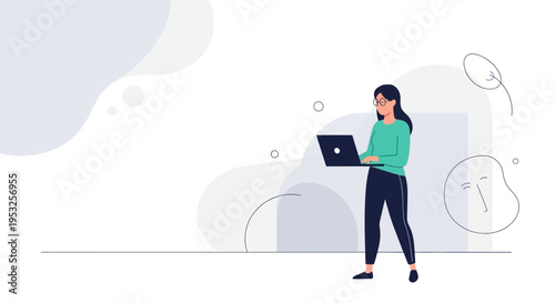 Woman working on laptop, modern abstract background, remote work concept