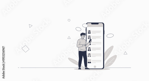 Man using smartphone to browse contacts or social media profiles on a large screen