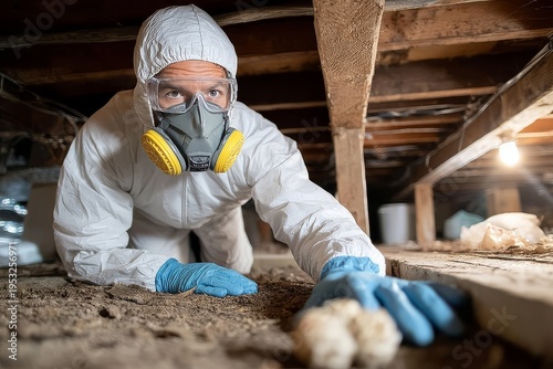 Inspector in protective suit conducts examination in crawl space.