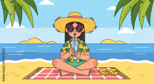Cute girl sitting on beach drinking fresh juice summer illustration